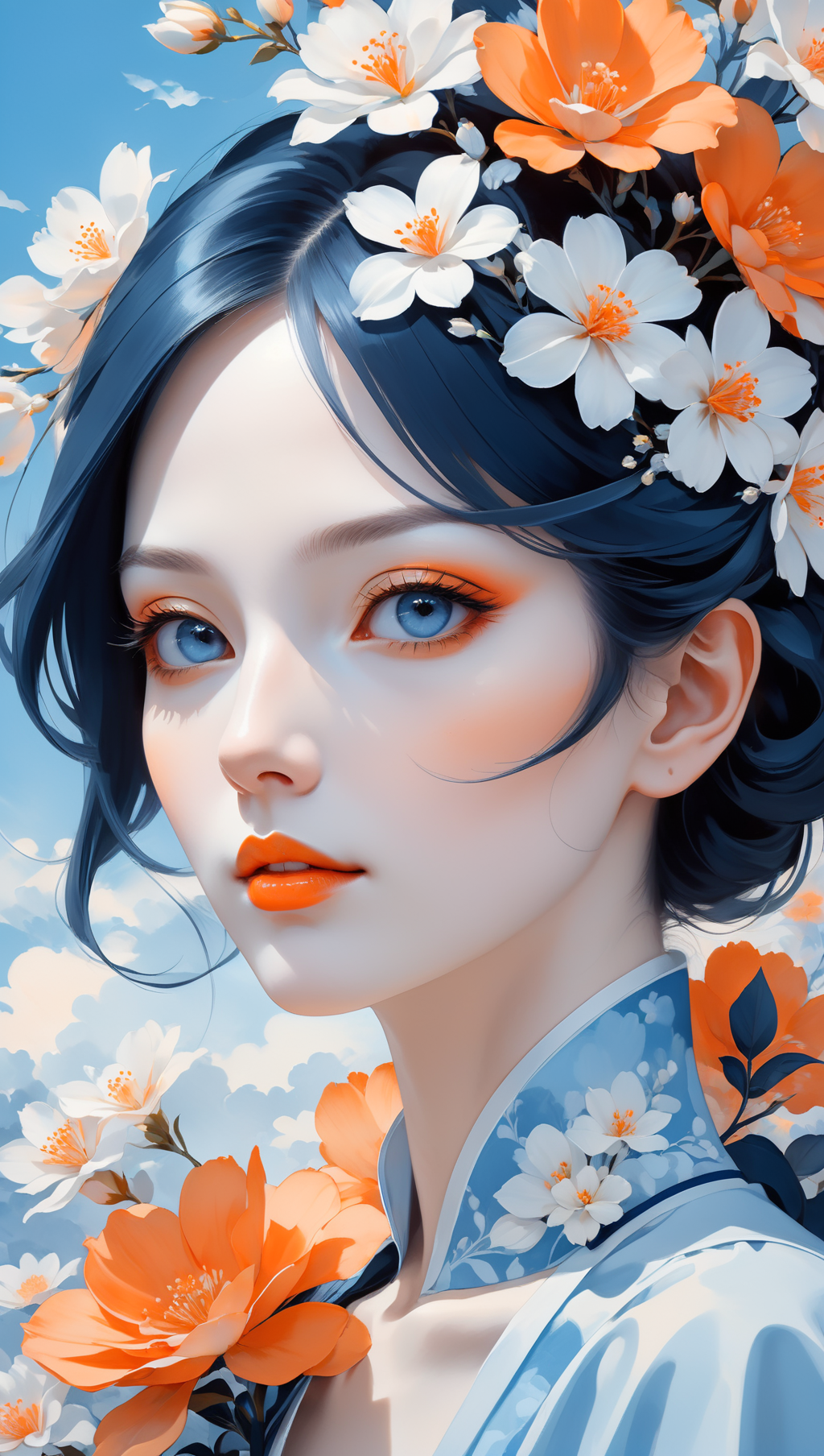 02122-1869292937-a beautiful picture of a pale woman 33yo with white flowers on her face, in the style of monochromatic paintings, light sky-blue.png